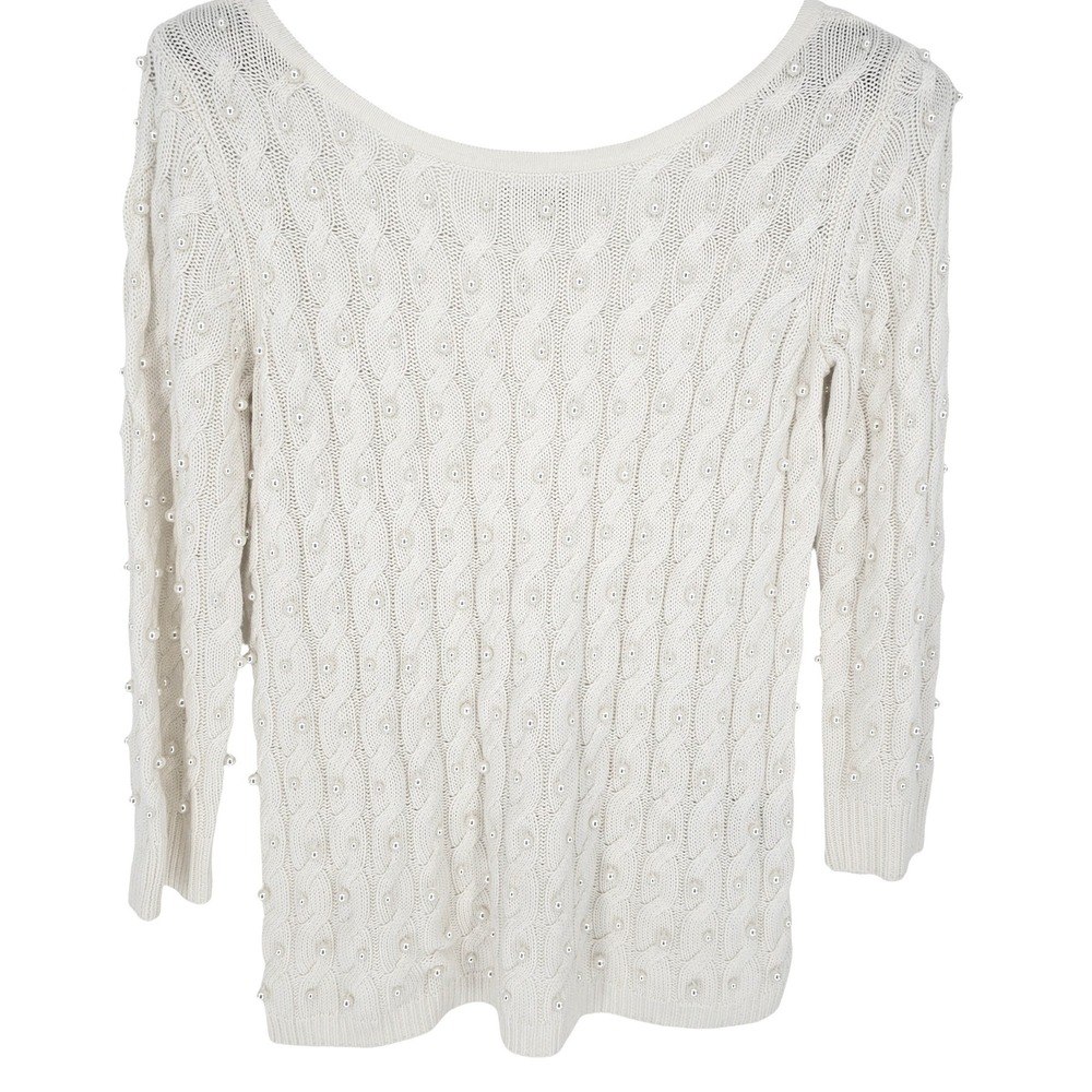 Premise White Cable Knit Sweater Pearl Embellished‎ 3/4 Sleeve Scoop Neck Large